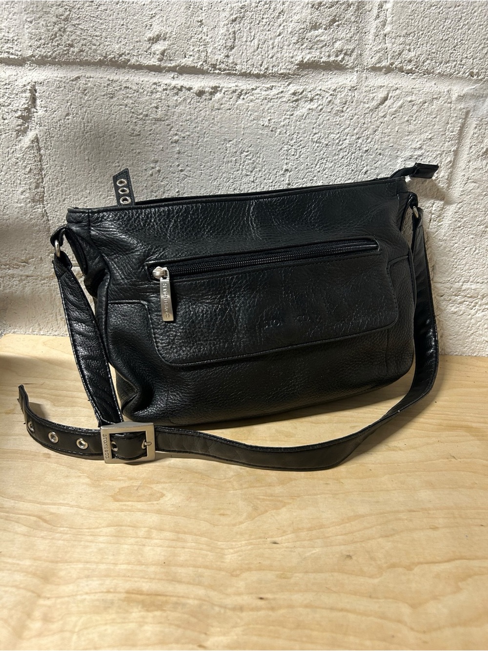 Stone & Co. Black Pebbled Leather Shoulder Bag with Silver Hardware